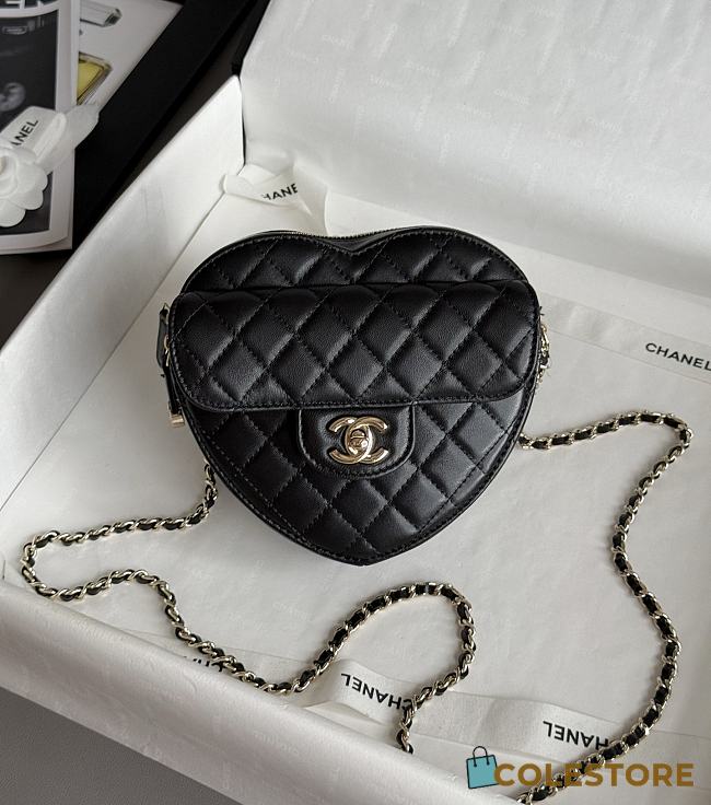 Colestore Chanel Gold Mini CC in Love Heart Crossbody Black 12x13x5.5cm - 1