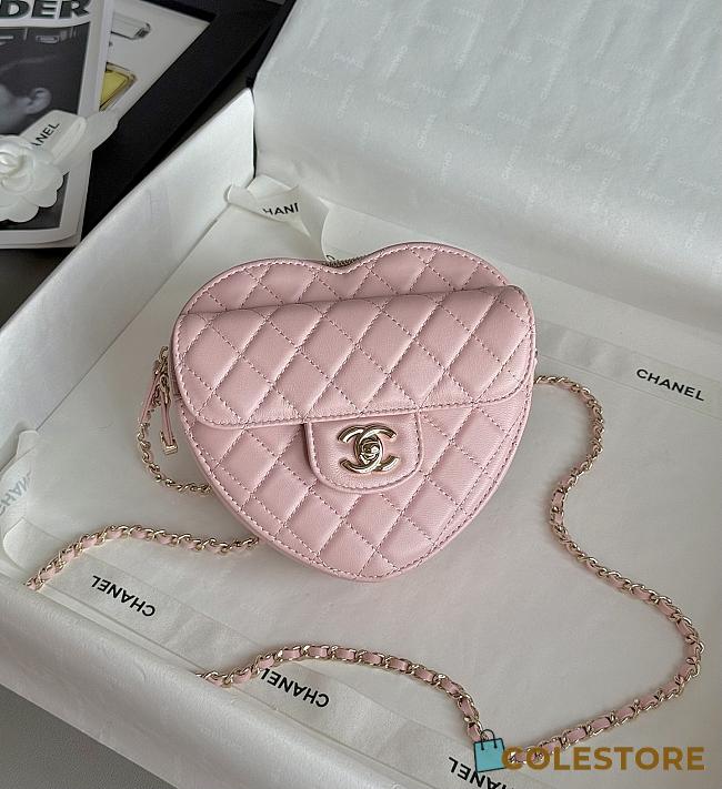 Colestore Chanel Gold Mini CC in Love Heart Crossbody Pink 12x13x5.5cm - 1