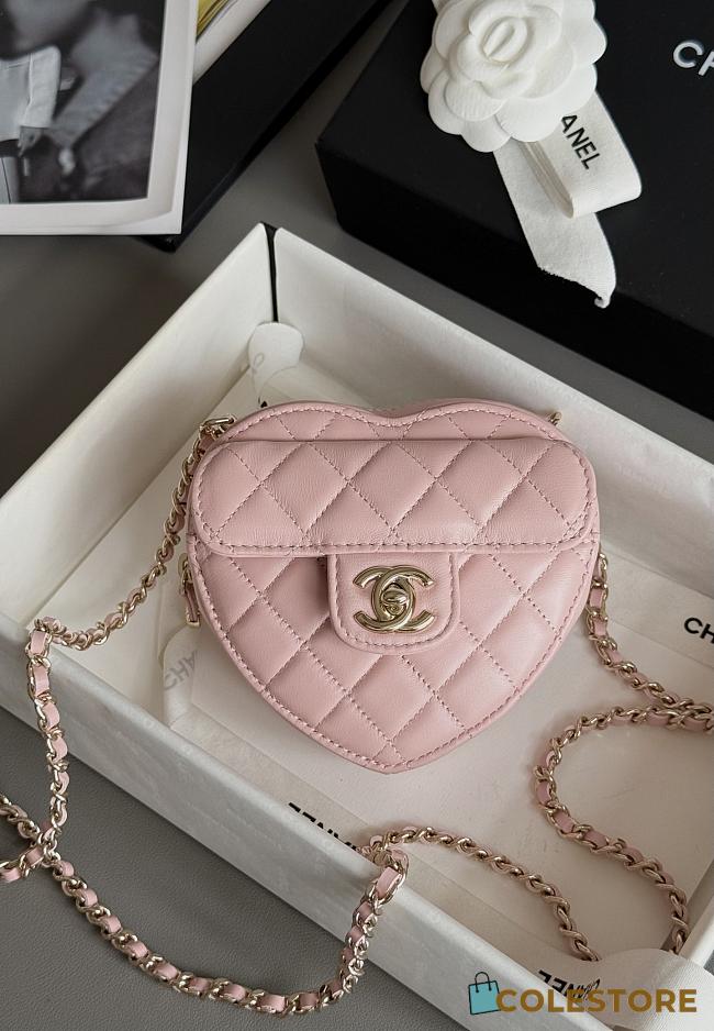 Colestore Chanel Gold Mini CC in Love Heart Crossbody Pink 18x19x5cm - 1