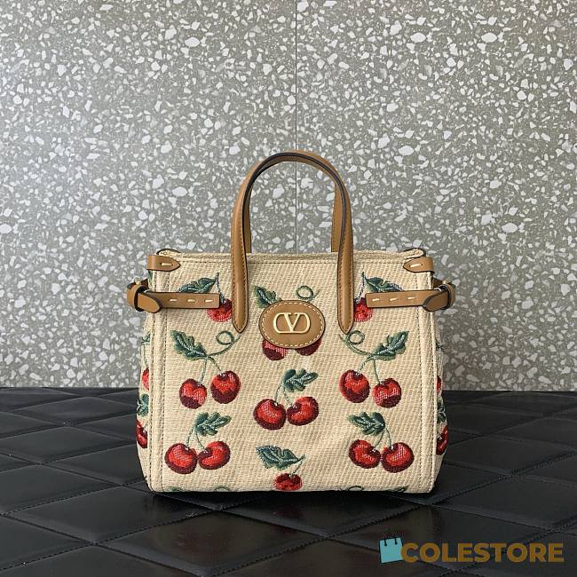 Colestore Valentino Garavani Antibes Small Shopping Bag In Jacquard Raffia With Cherryfic Pattern 22x19x12cm - 1