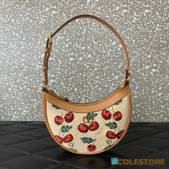 Colestore Valentino Vlogo Signature Mini Hobo Bag In Jacquard Raffia With Cherryfic Pattern 20x12x4cm - 1