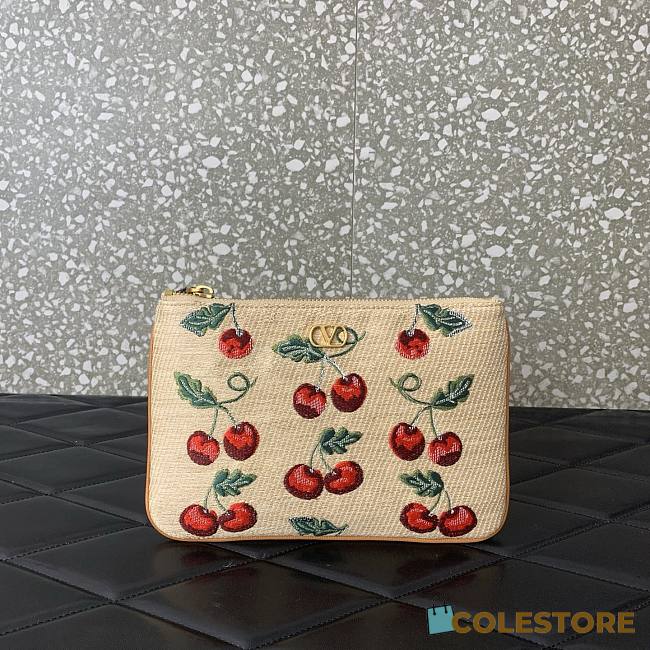 Colestore Valentino Vlogo Signature Pouch In Jacquard Raffia With Cherryfic Pattern 24x16x1cm - 1