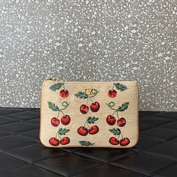 Colestore Valentino Vlogo Signature Pouch In Jacquard Raffia With Cherryfic Pattern 24x16x1cm