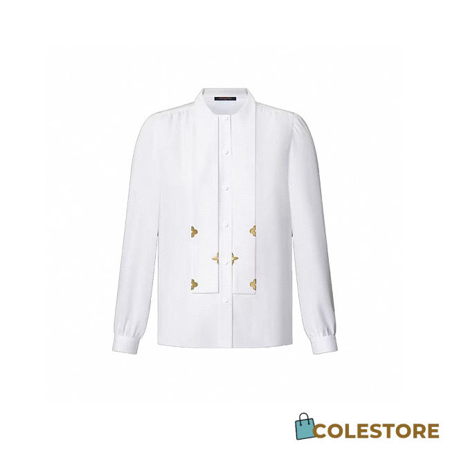 Colestore Louis Vuitton Pleated Tie-Collar Straight-Shoulder Shirt White - 1