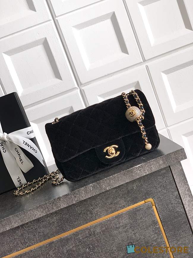 Colestore Chanel Mini Flap Bag Velvet, Strass & Gold-Tone Metal Black  13 x 20 x 7cm - 1