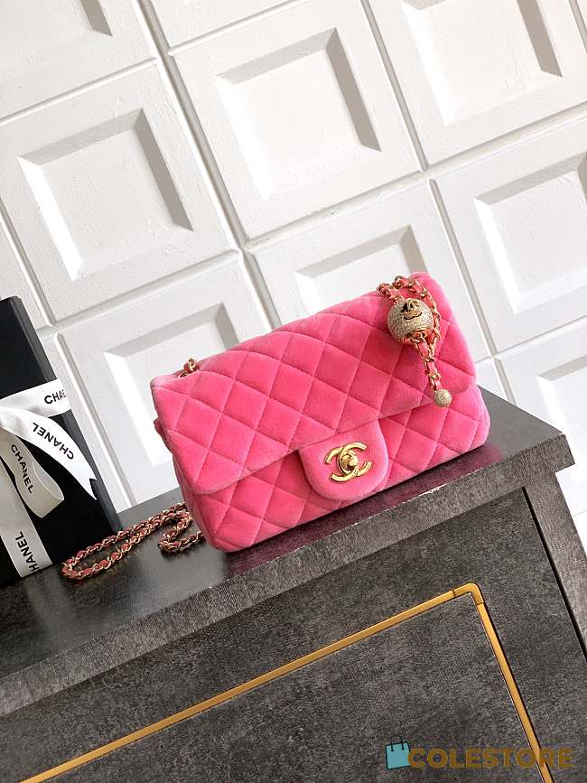 Colestore Chanel Mini Flap Bag Velvet, Strass & Gold-Tone Metal Pink 13 x 20 x 7cm - 1