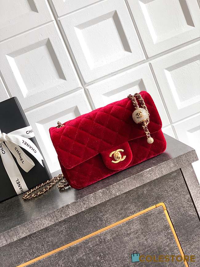 Colestore Chanel Mini Flap Bag Velvet, Strass & Gold-Tone Metal Red 13 x 20 x 7cm - 1