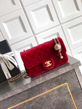 Colestore Chanel Mini Flap Bag Velvet, Strass & Gold-Tone Metal Red 13 x 20 x 7cm