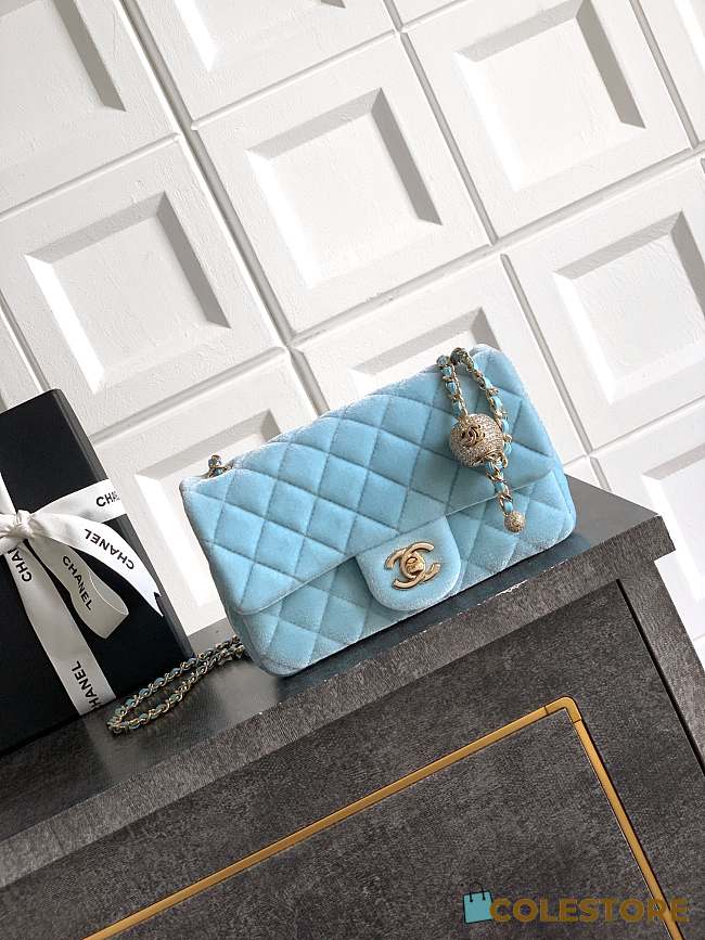 Colestore Chanel Mini Flap Bag Velvet, Strass & Gold-Tone Metal Baby Blue 13 x 20 x 7cm - 1