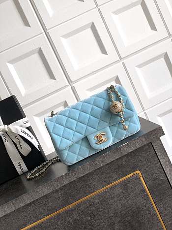 Colestore Chanel Mini Flap Bag Velvet, Strass & Gold-Tone Metal Baby Blue 13 x 20 x 7cm