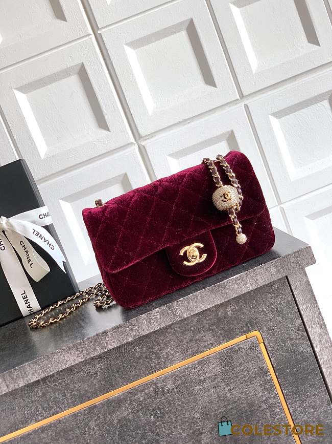 Colestore Chanel Mini Flap Bag Velvet, Strass & Gold-Tone Metal Burgundy 13 x 20 x 7cm - 1