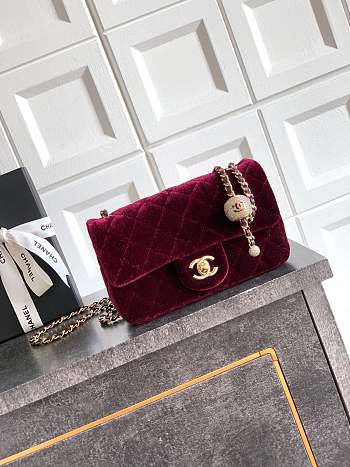 Colestore Chanel Mini Flap Bag Velvet, Strass & Gold-Tone Metal Burgundy 13 x 20 x 7cm