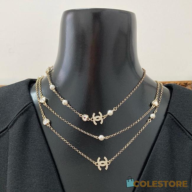 Colestore Chanel Long Necklace Metal, Glass Pearls & Strass Gold, Pearly White & Crystal - 1