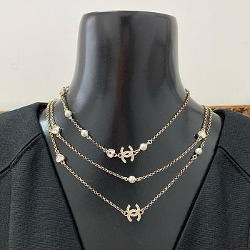 Colestore Chanel Long Necklace Metal, Glass Pearls & Strass Gold, Pearly White & Crystal