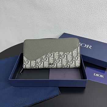 Colestore Dior Saddle Long Zipped Wallet Gray Green Grained Calfskin 19.8 x 11 x 2.5 cm