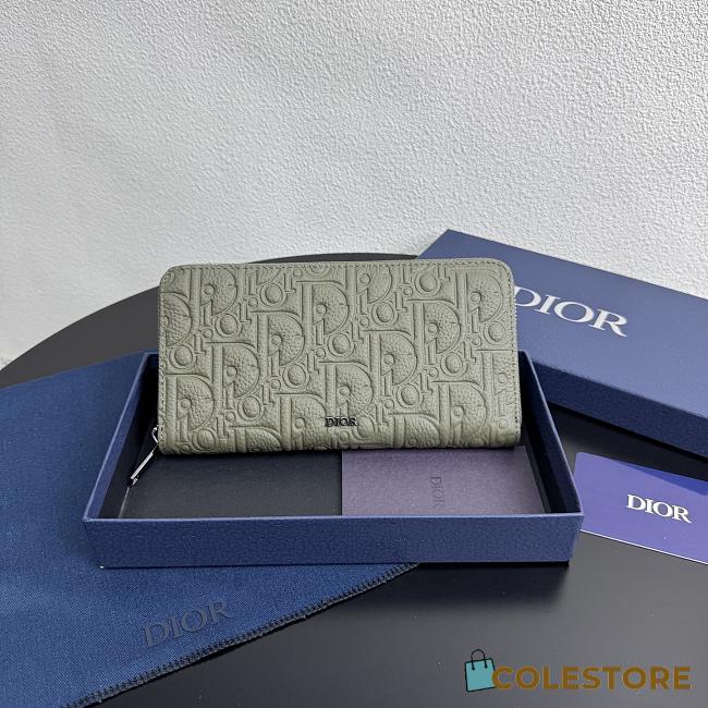 Colestore Dior Long Zipped Wallet Light Olive Green Embossed Leather 19.8 x 11 x 2.5cm - 1