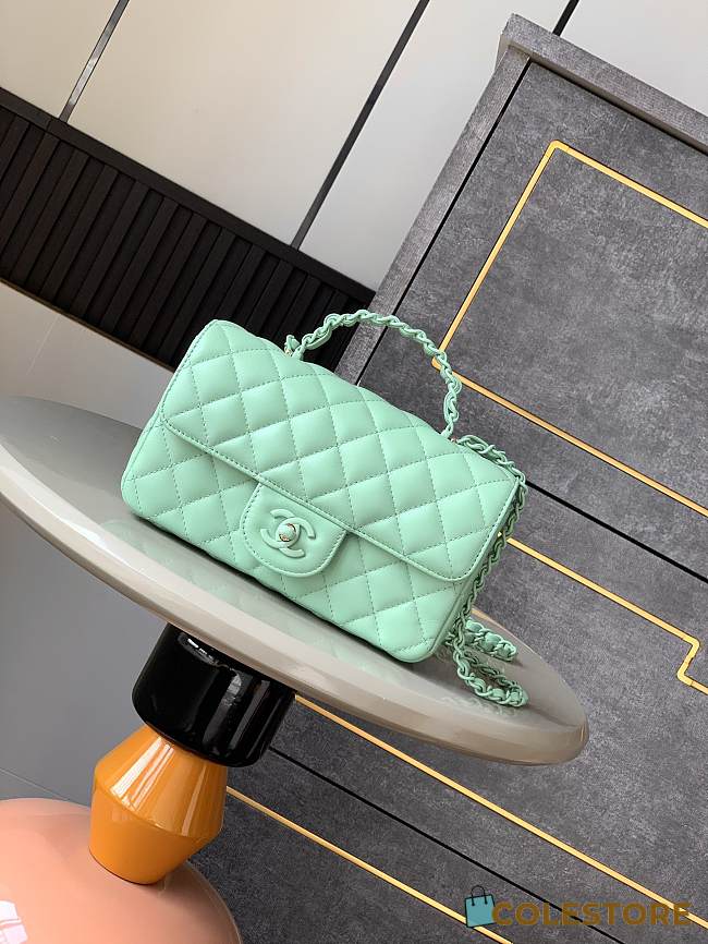 Colestore Chanel Mini Flap Bag with Top Handle, Lambskin & Lacquered Metal, Mint Green 12.5x20x6cm - 1