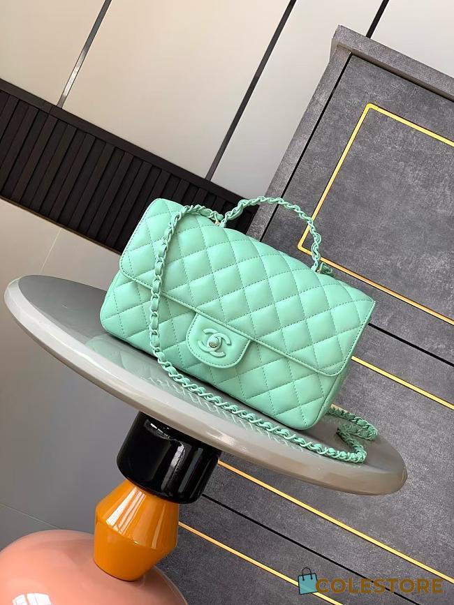 Colestore Chanel Mini Flap Bag with Top Handle, Lambskin & Lacquered Metal, Mint Green 23cm - 1
