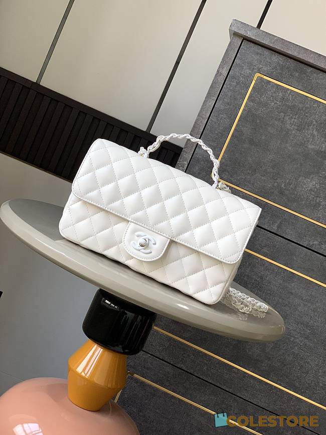 Colestore Chanel Mini Flap Bag with Top Handle, Lambskin & Lacquered Metal, White 23cm - 1