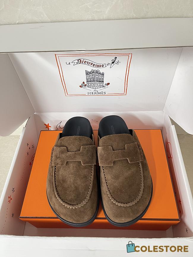 Colestore Hermes Suede Mules with H Cut-out Brown - 1