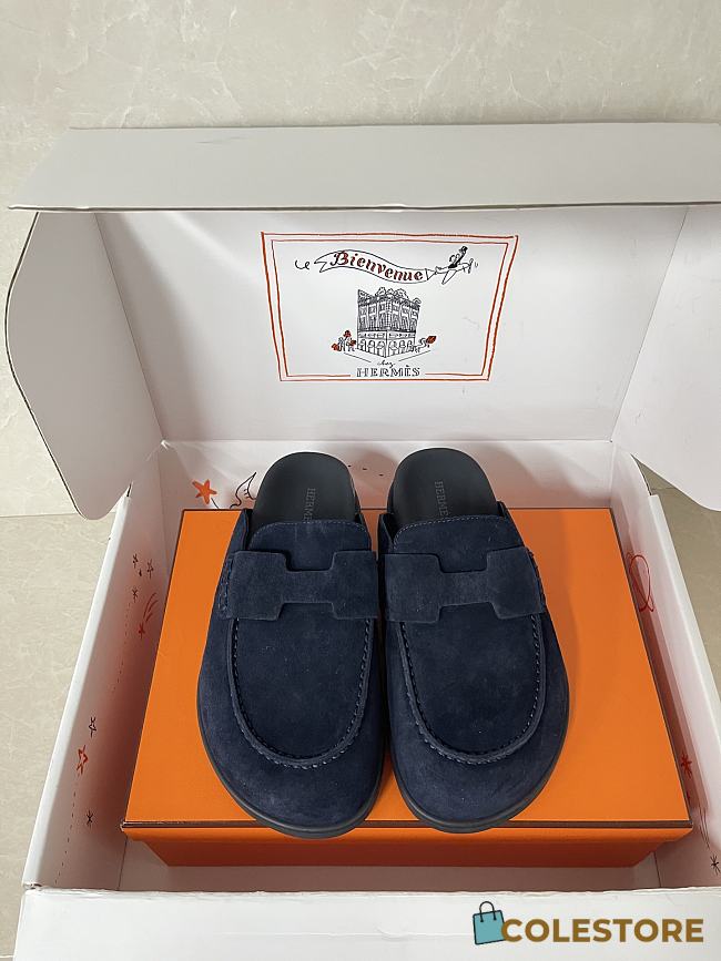 Colestore Hermes Suede Mules with H Cut-out Navy - 1