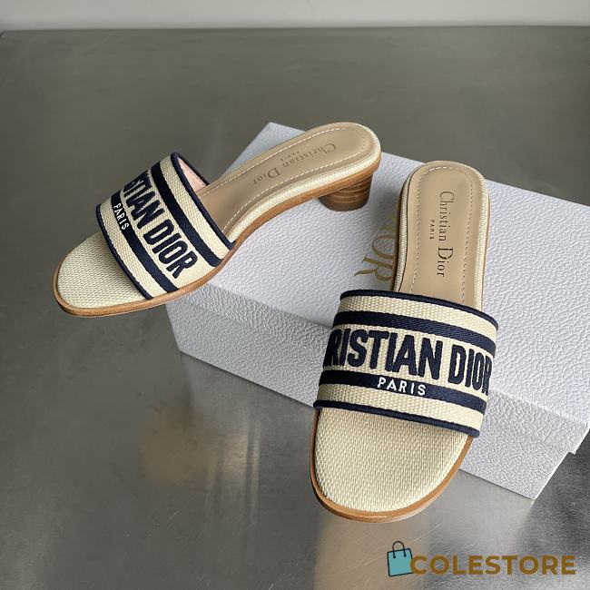 Colestore Dior Dway Heeled Slide Natural Raffia and Deep Blue Embroidered Cotton - 1