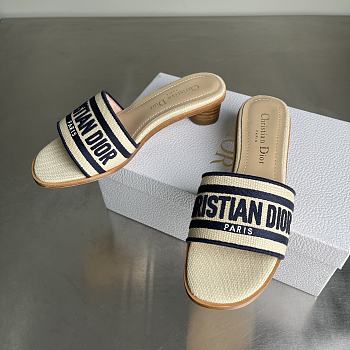 Colestore Dior Dway Heeled Slide Natural Raffia and Deep Blue Embroidered Cotton