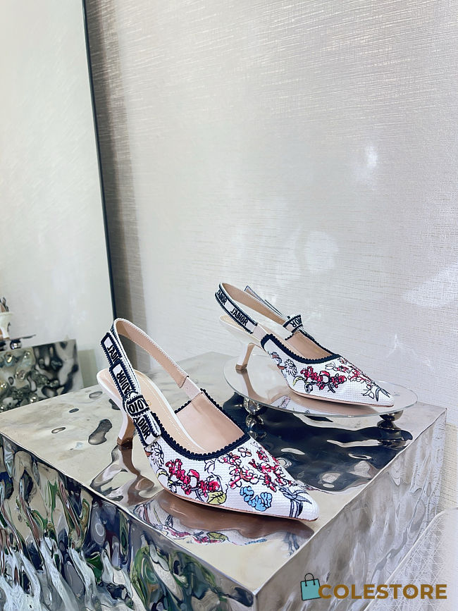 Colestore Dior J'Adior Slingback Pump Cotton Embroidered with Nude and White Millefiori Motif - 1
