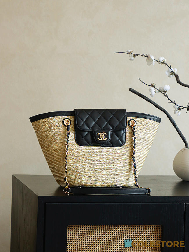 Colestore Chanel Shopping Bag Natural raffia & Black leather (Cruise 25/26) 14x39x22cm - 1