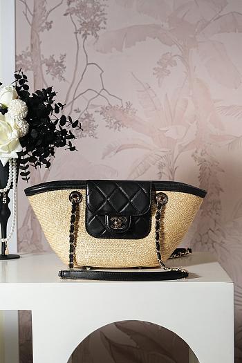 Colestore Chanel Shopping Bag Natural raffia & Black leather (Cruise 25/26) 11.5x36x18cm