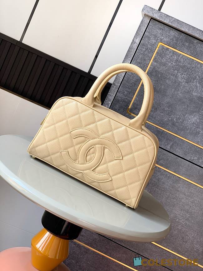 Colestore Chanel Small Bowling Bag in Beige Caviar Leather with Embossed CC 25x7x15cm - 1