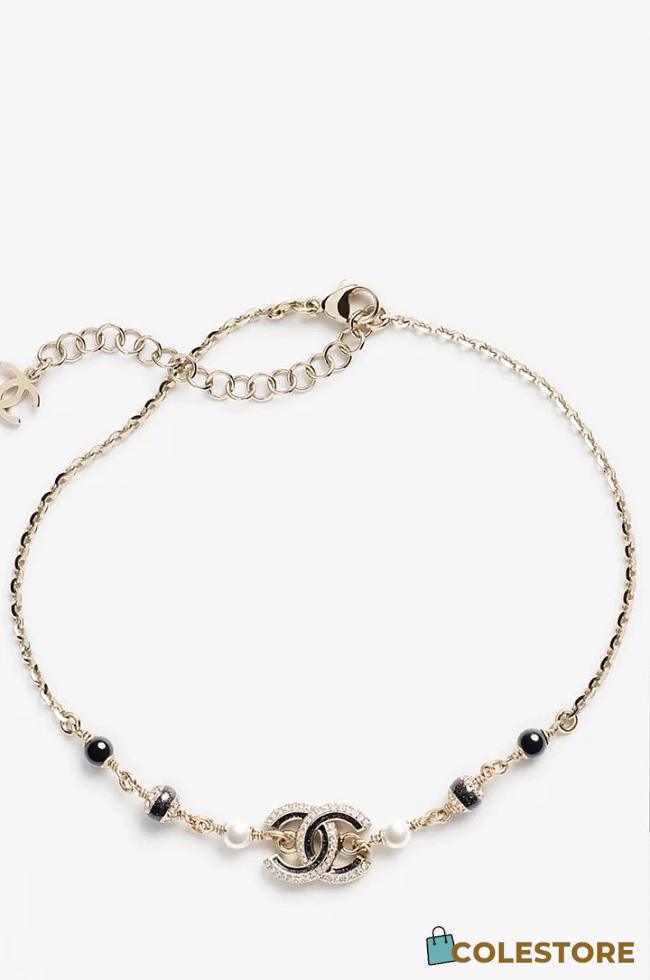 Colestore Chanel Choker Metal, Glass Pearls, Resin & strass Gold, Pearly White, Black & Crystal - 1