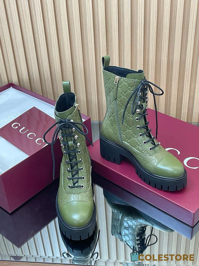 Colestore Gucci Women's Lace-up Ankle Boot with GG Dark Green GG Leather  - 1