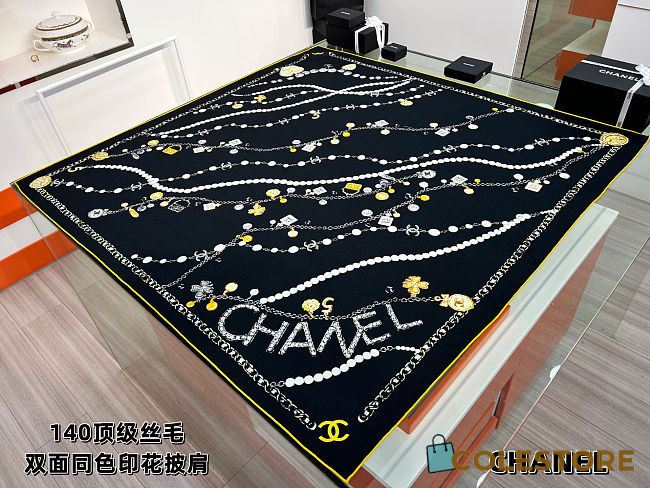 Colestore Chanel Scarf 140 Silk-Wool Reversible Shawl Black, Gray, White & Gold 135x135cm - 1