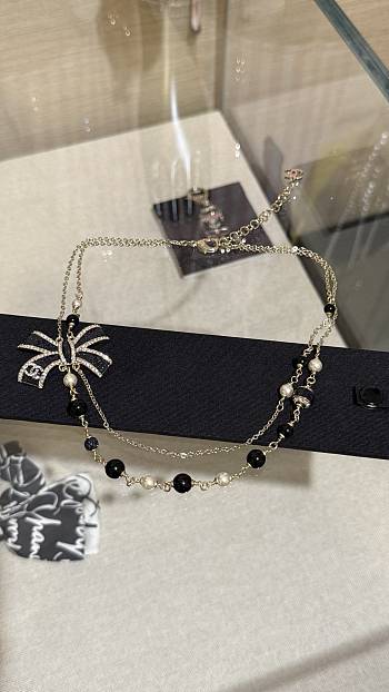 Colestore Chanel Long Necklace Metal, Glass Pearls, Resin & strass  Gold, Pearly White, Black & Crystal