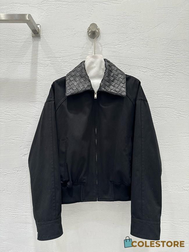 Colestore Bottega Veneta Black Bomber Jacket with Woven Leather Collar - 1