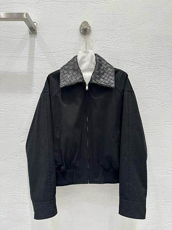 Colestore Bottega Veneta Black Bomber Jacket with Woven Leather Collar