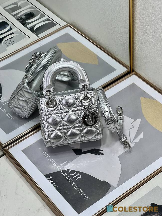 Colestore Mini Lady Dior Bag Metallic Silver-Tone Cannage Calfskin 12x10x5cm - 1