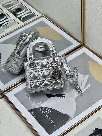 Colestore Mini Lady Dior Bag Metallic Silver-Tone Cannage Calfskin 12x10x5cm