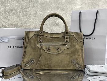 Colestore Balenciaga Women's Le City Bag Medium in Khaki Suede Calfskin, Brass Hardware  37 x 23 x 15 cm