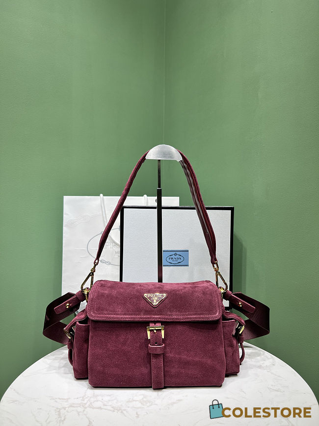 Colestore Prada Explore Medium Suede Shoulder Bag with Flap Burgundy 30x14x10cm - 1