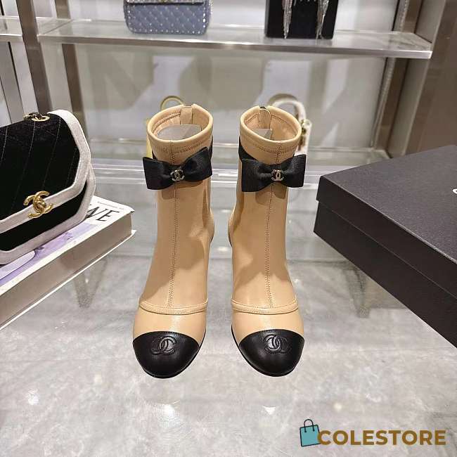 Colestore Chanel Bow Detail Cap-Toe Ankle Boots Beige/Black - 1