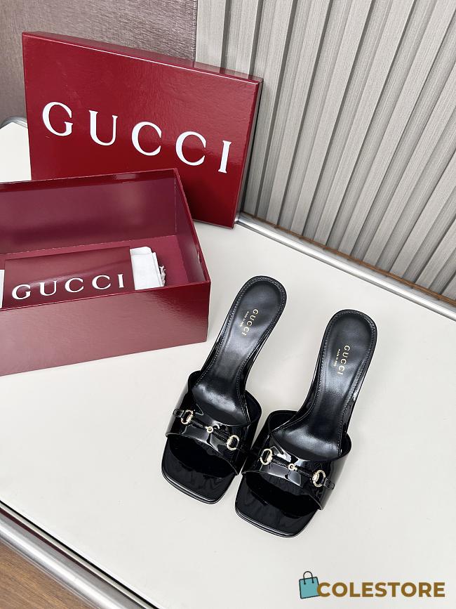 Colestore Gucci Slide Sandal with Horsebit in Black Patent Calfskin 7.5cm - 1
