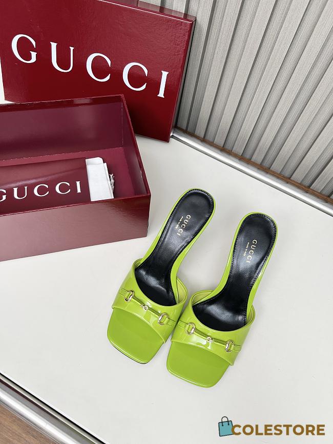 Colestore Gucci Slide Sandal with Horsebit in Lime Green Patent Calfskin 7.5cm - 1
