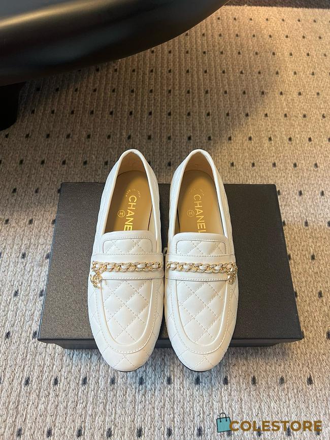 Colestore Chanel CC Logo Black Quilted Lambskin Leather Loafers Moccasin Ballerinas Shoes White - 1