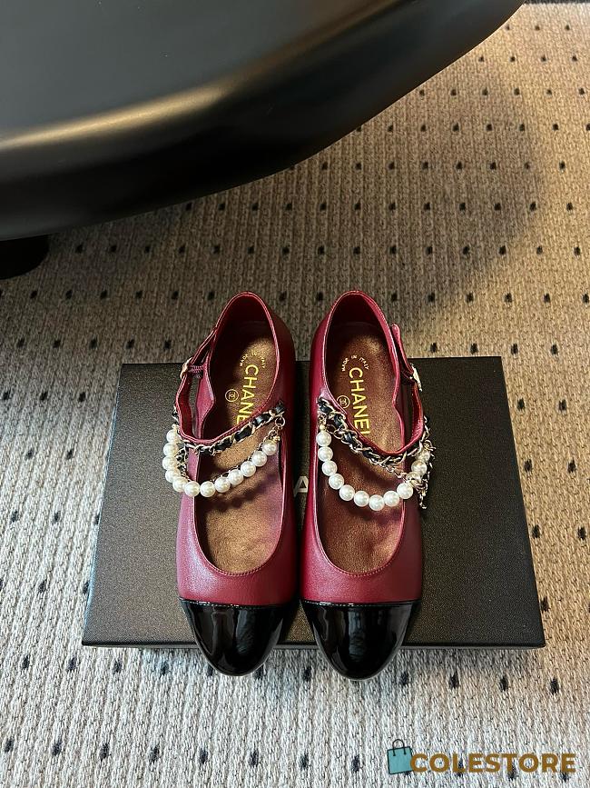 Colestore Chanel Mary Janes Lambskin, Patent calfskin, Faux Pearls Burgundy  - 1