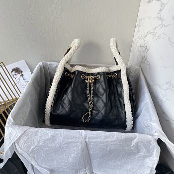 Colestore Chanel Shearling Trimmed Drawstring Hobo Bag Black 30x26x14