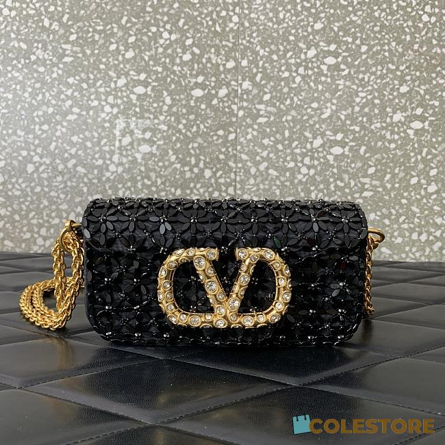 Colestore Valentino Garavani Locò Small Embroidered Shoulder Bag With Jewel Logo Black 20x11x5cm - 1