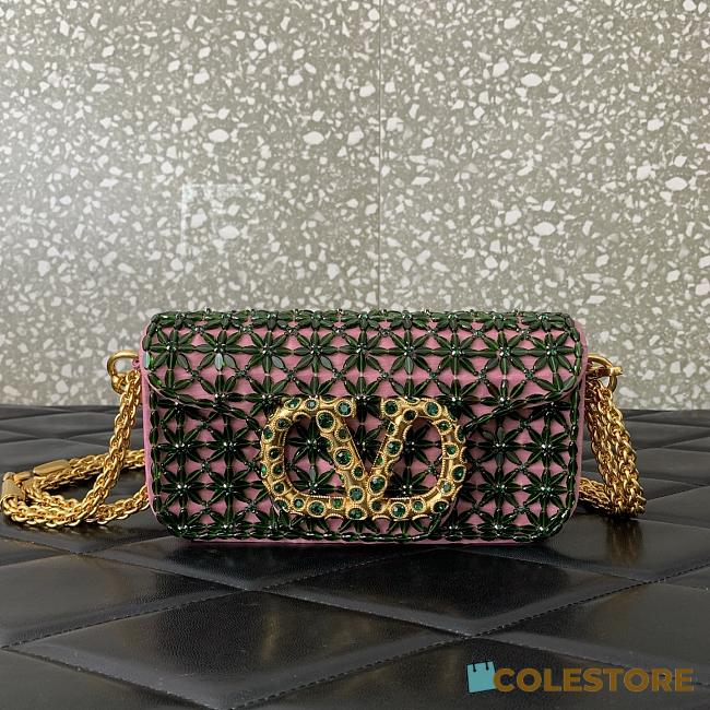 	 Colestore Valentino Garavani Locò Small Embroidered Shoulder Bag With Jewel Logo Emerald/Rhododendron 20x11x5cm - 1