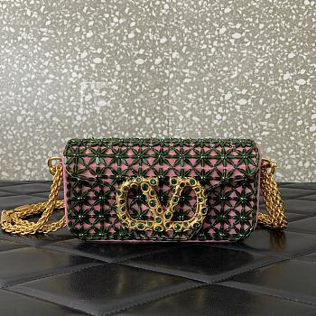 	 Colestore Valentino Garavani Locò Small Embroidered Shoulder Bag With Jewel Logo Emerald/Rhododendron 20x11x5cm